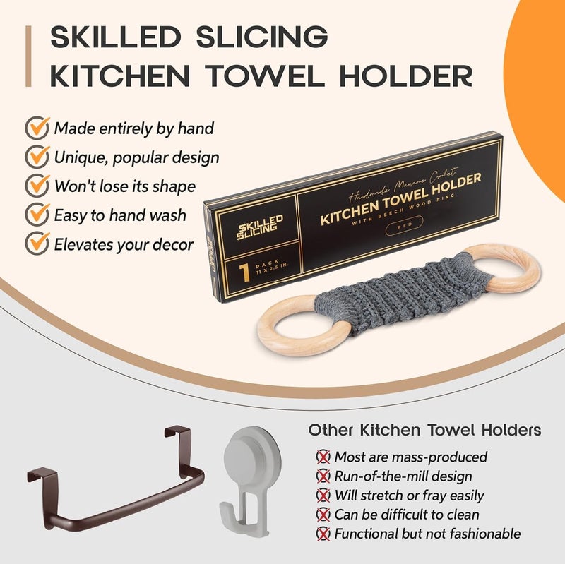 SKILLEDSLICING Hanging Kitchen Dish Towel Holder (Handmade Crochet), Decorative Boho Macrame Kitchen Towel Hanger Loop Ring Makes a Unique Gift for Birthday Thanksgiving Day 11 Inches (Grey) - Image 4